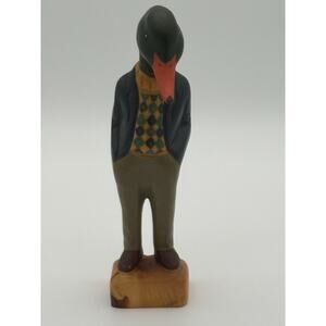 Hand-Carved Wooden Anthropomorphic Duck Figurine in Blazer & Argyle Sweater
